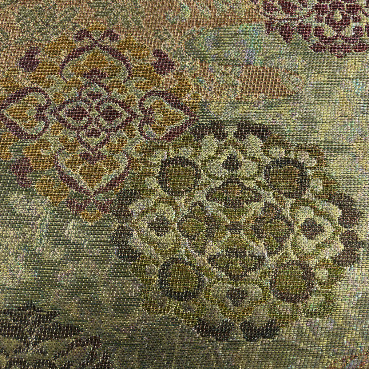 【美品】 袋帶 秀品級 華紋 霞 金金箔 金線 茶綠 六通 純蠶絲
