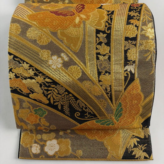 【美品】 袋帶 優品級 振袖禮服禮服用 蝴蝶 草花紋 金金箔 金絲 金色 六通 純蠶絲
