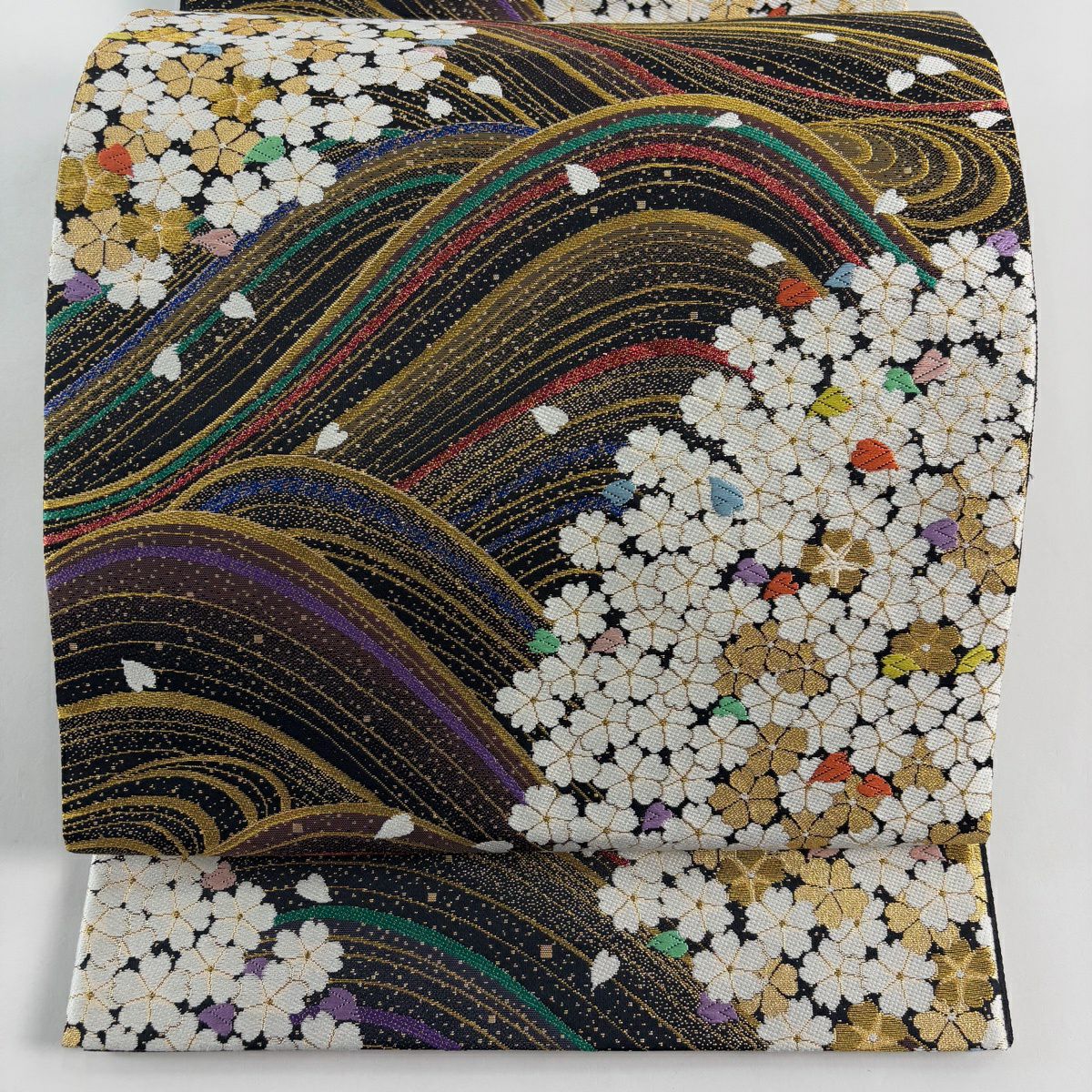 【美品】 袋帶 秀品級 振袖禮服禮服用 鈴乃屋 樱花流水紋 金金箔 金絲 焦茶 六通 純蠶絲