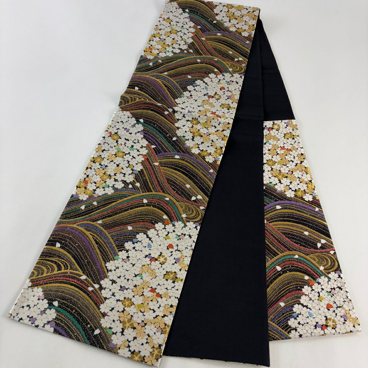 【美品】 袋帶 秀品級 振袖禮服禮服用 鈴乃屋 樱花流水紋 金金箔 金絲 焦茶 六通 純蠶絲