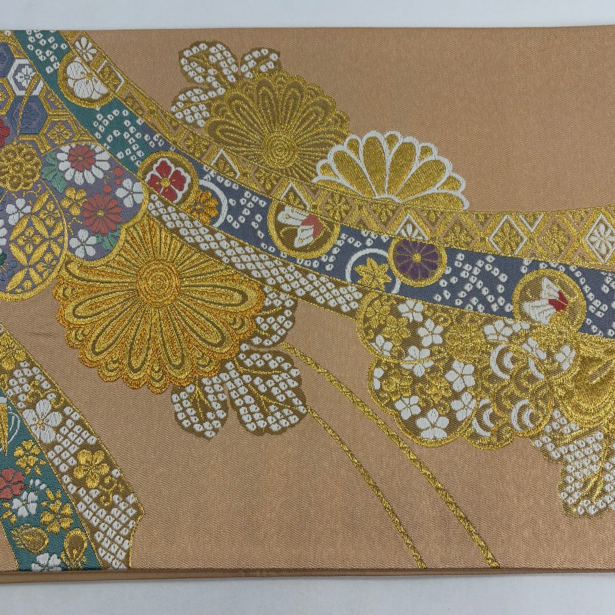 【美品】 袋帶 秀品級 熨斗紋 菊花 金金箔 金銀彩 淺橙色 六通 純蠶絲