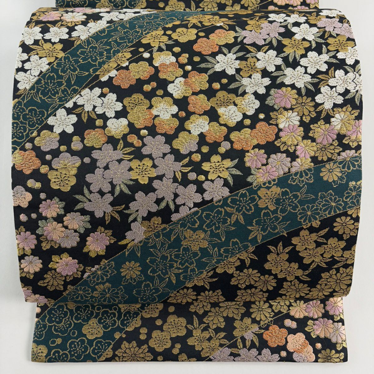 【美品】 袋帶 秀品級 樱花 梅花花 金金箔 銀線 黑色 全通 純蠶絲