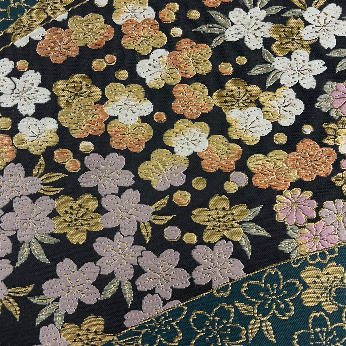 【美品】 袋帶 秀品級 樱花 梅花花 金金箔 銀線 黑色 全通 純蠶絲