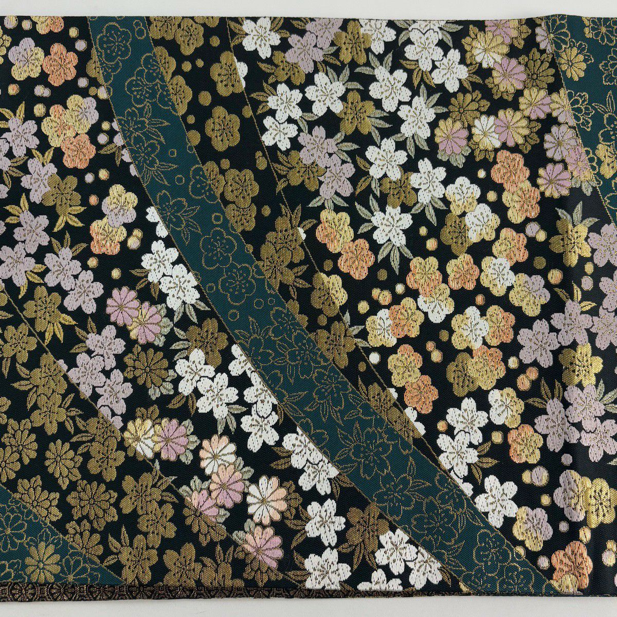 【美品】 袋帶 秀品級 樱花 梅花花 金金箔 銀線 黑色 全通 純蠶絲