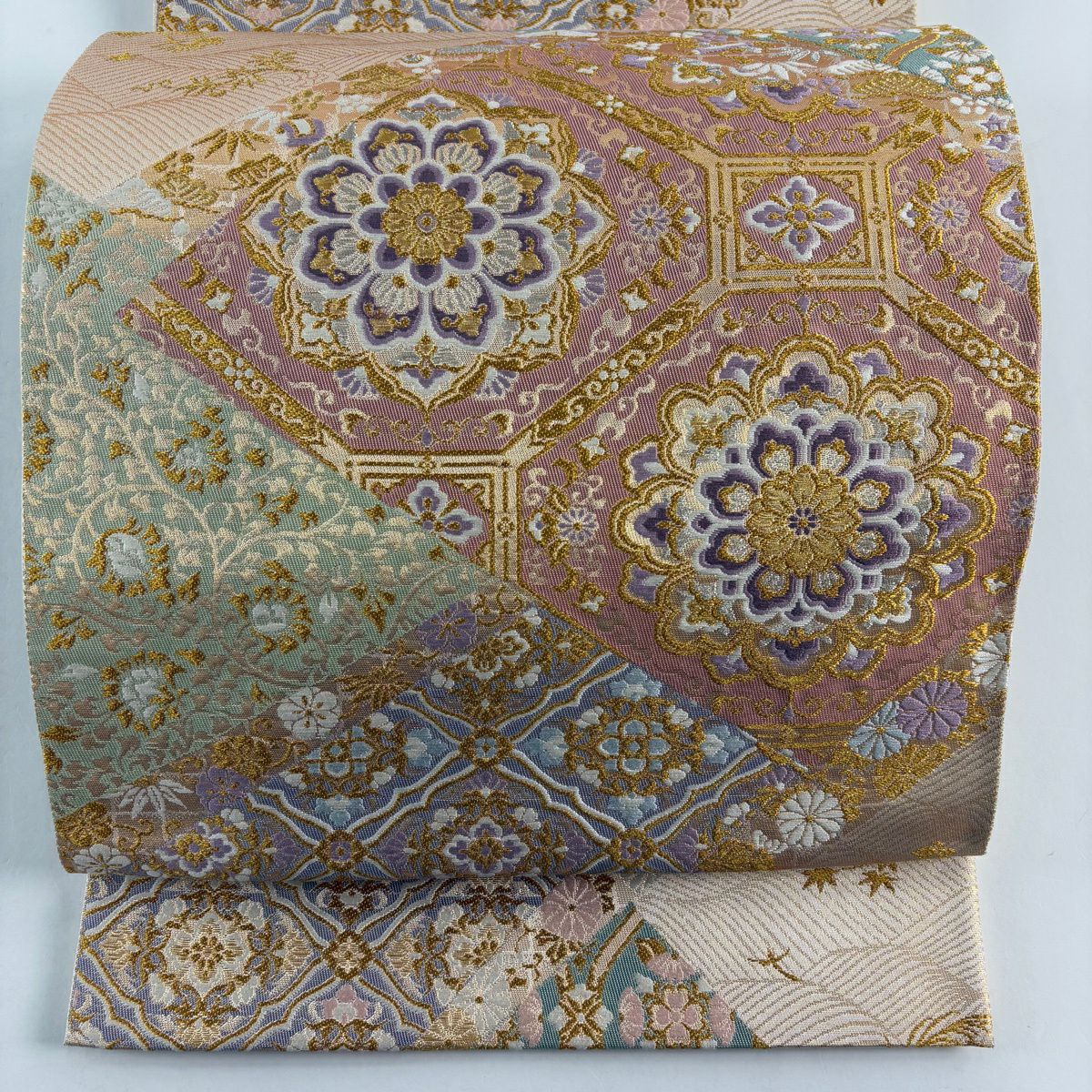 【美品】 袋帶 秀品級 蜀江華紋 花唐草紋 金金箔 金銀彩 粉米色 六通 純蠶絲