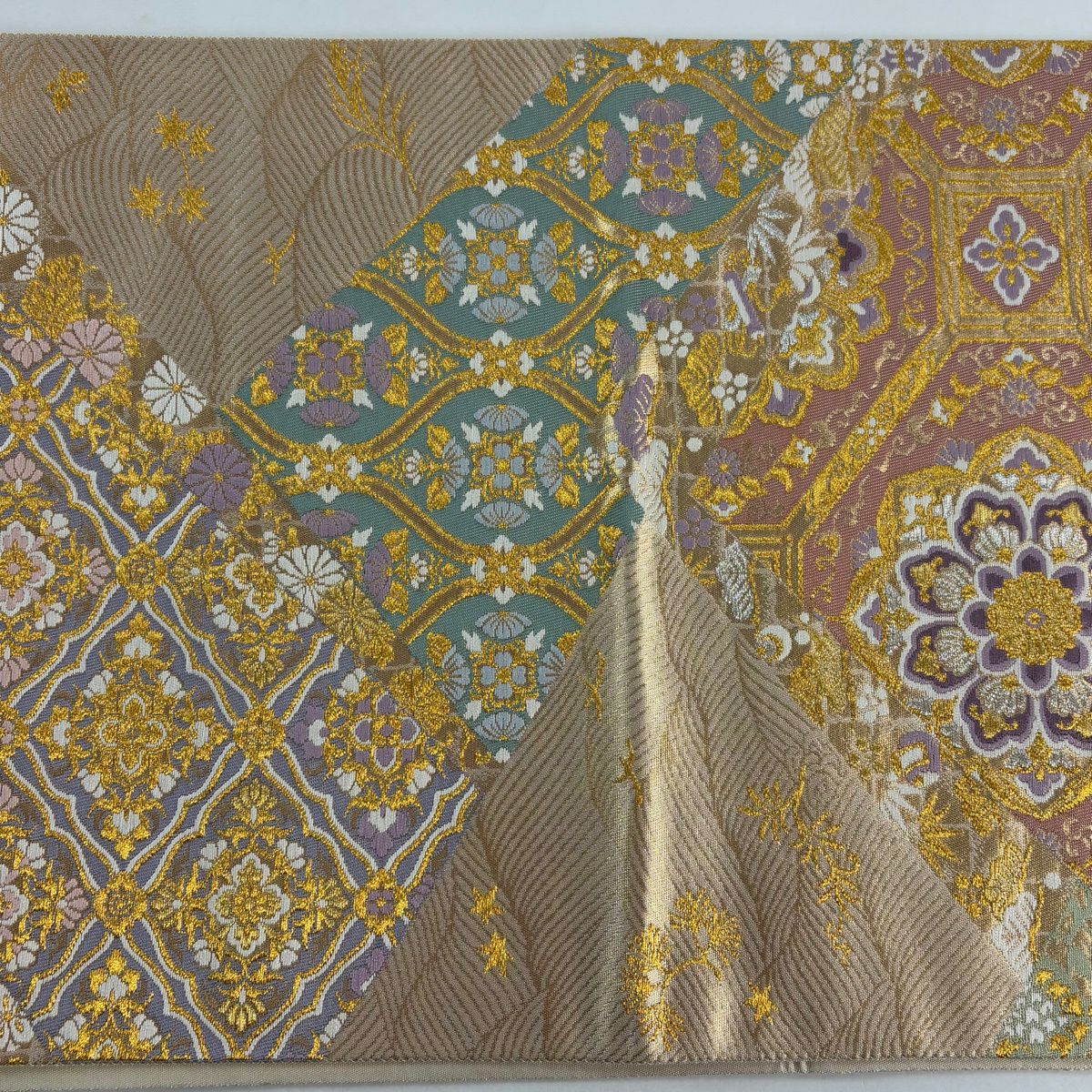 【美品】 袋帶 秀品級 蜀江華紋 花唐草紋 金金箔 金銀彩 粉米色 六通 純蠶絲