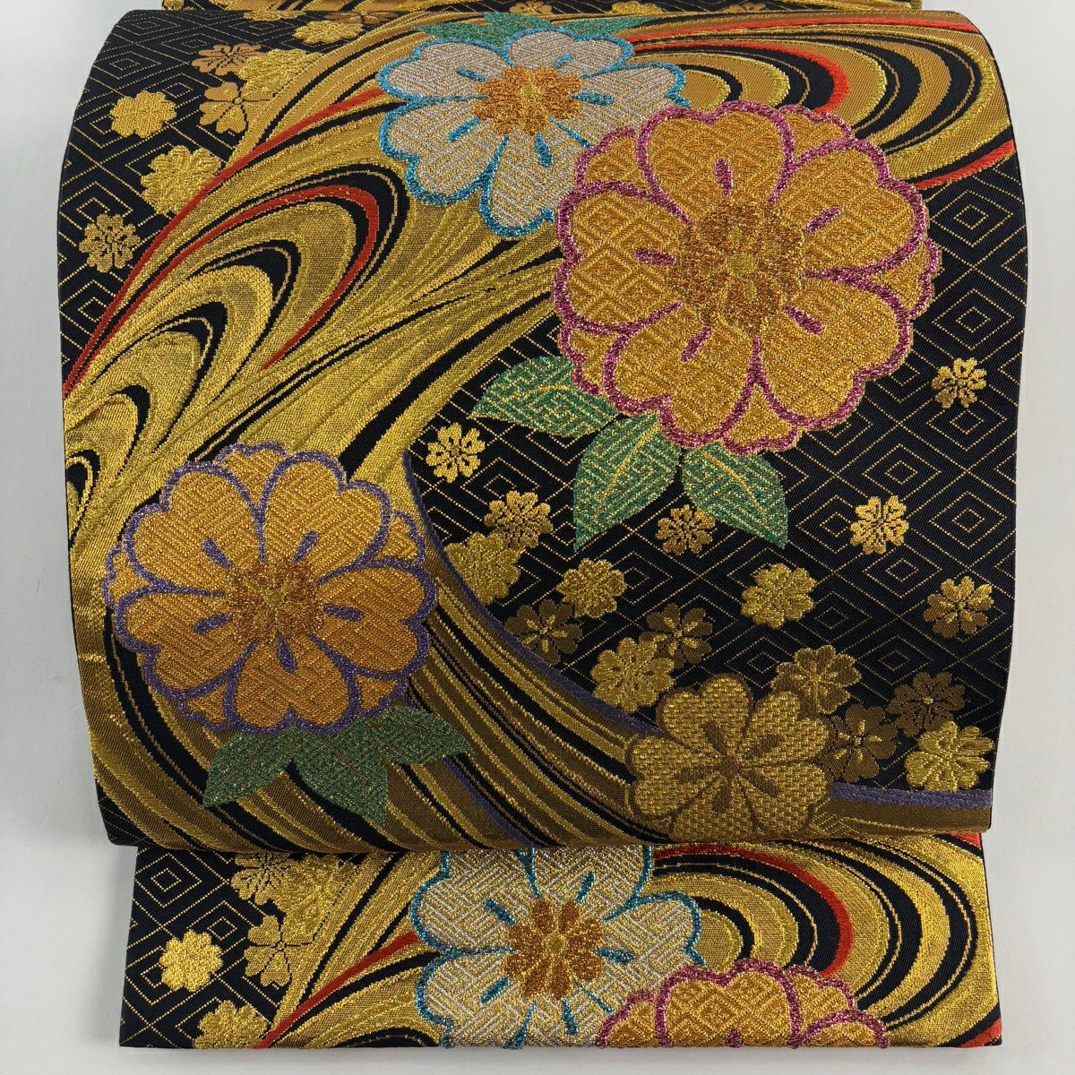 【美品】 袋帶 秀品級 櫻花 流水 金金箔 金絲 黑 六通 純蠶絲
