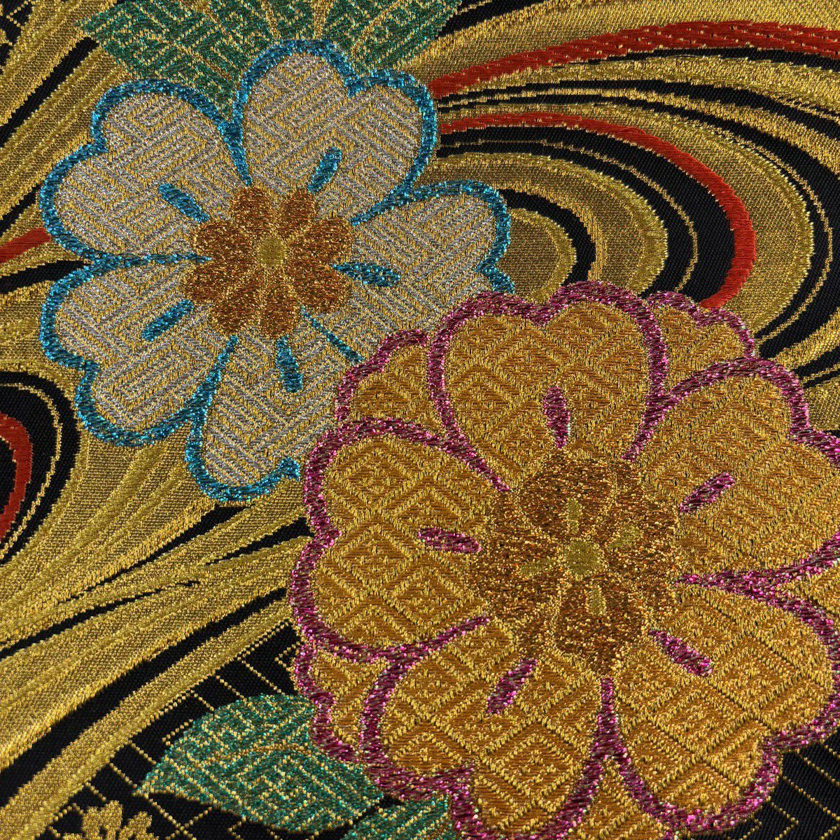 【美品】 袋帶 秀品級 櫻花 流水 金金箔 金絲 黑 六通 純蠶絲