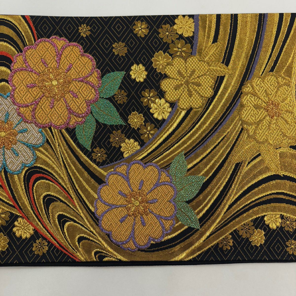 【美品】 袋帶 秀品級 櫻花 流水 金金箔 金絲 黑 六通 純蠶絲