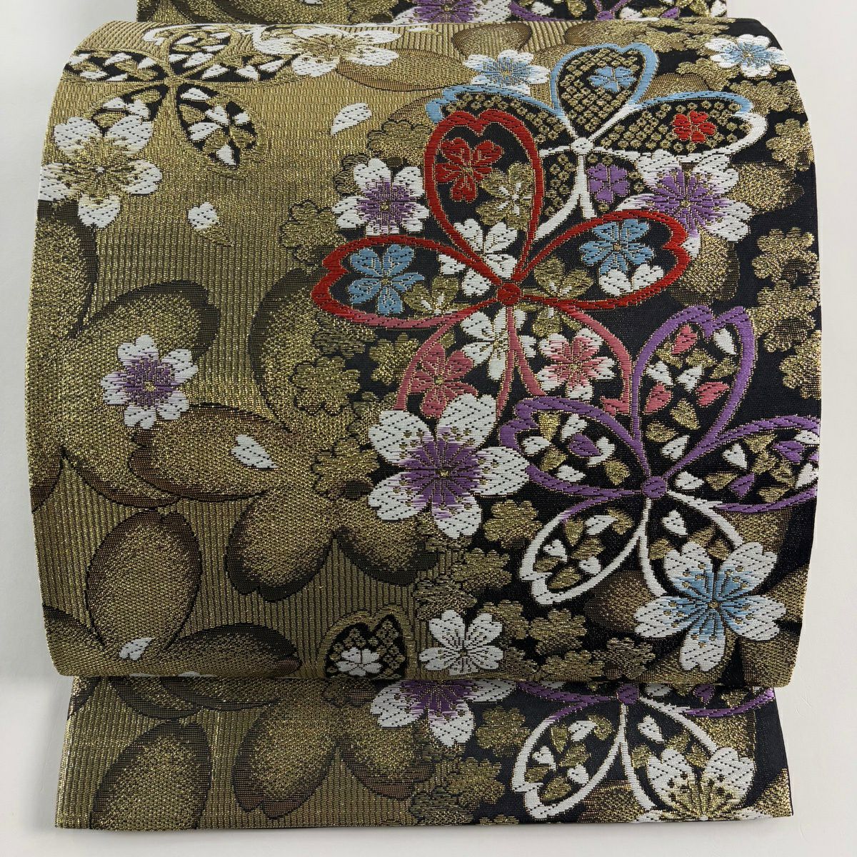 【美品】 袋帶 秀品級 振袖禮服禮服用 櫻花 金金箔 金色 六通 純蠶絲