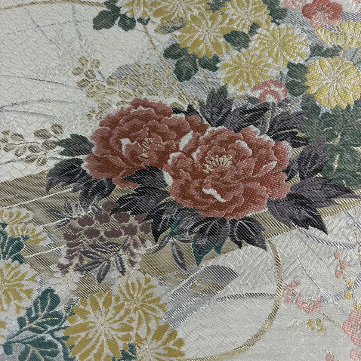 【美品】 袋帶 秀品級 鈴乃屋 花筏 牡丹 金金箔 奶油 六通 純蠶絲