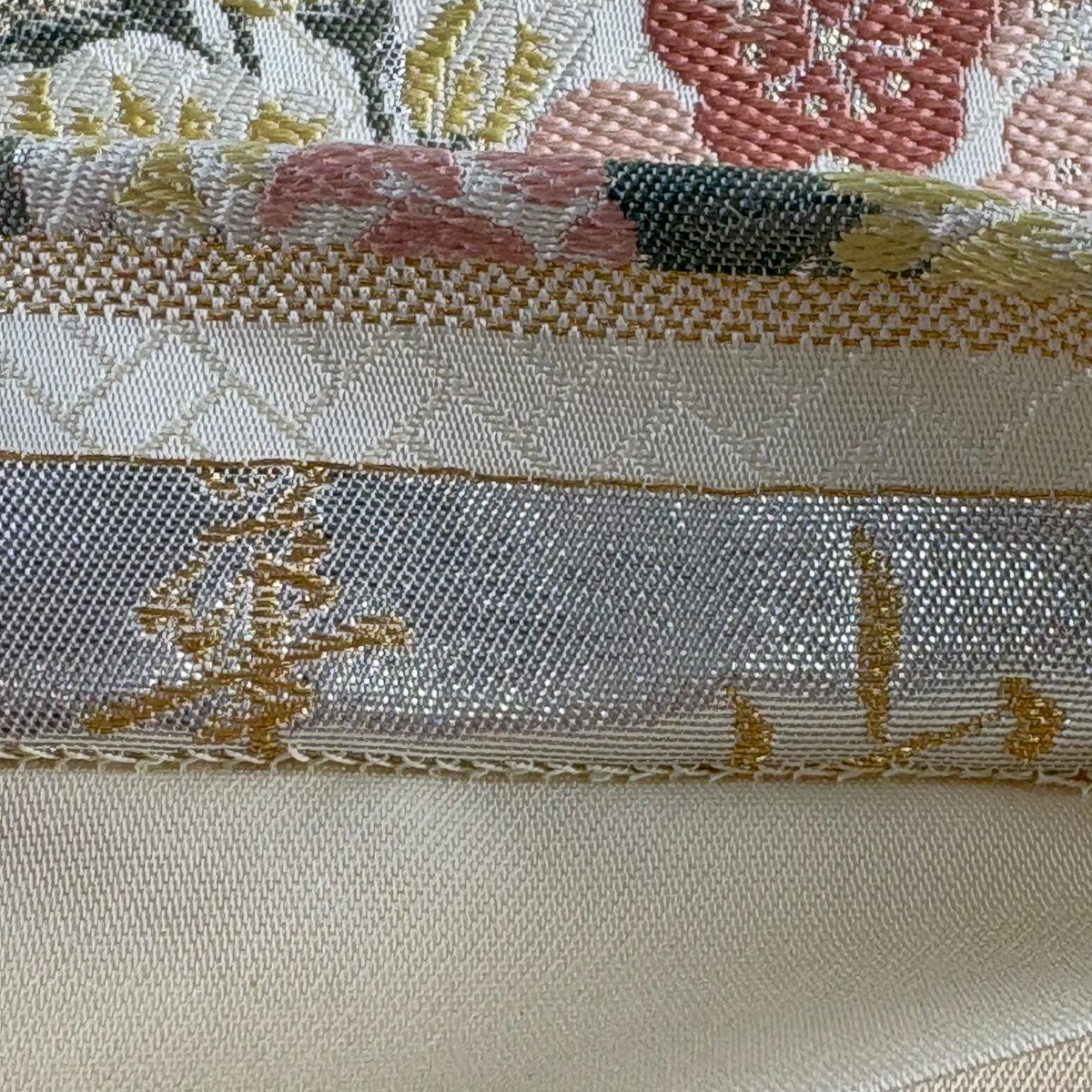 【美品】 袋帶 秀品級 鈴乃屋 花筏 牡丹 金金箔 奶油 六通 純蠶絲