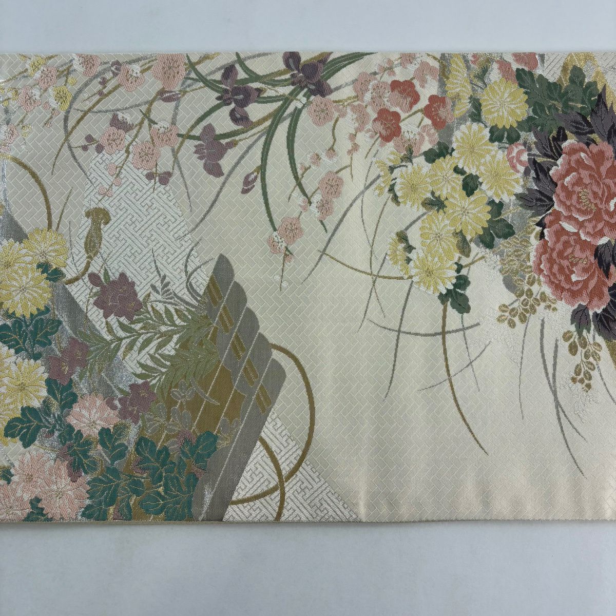 【美品】 袋帶 秀品級 鈴乃屋 花筏 牡丹 金金箔 奶油 六通 純蠶絲