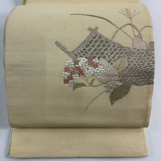 袋帶 秀品級 夏帶 絽 ざる 草花紋刺繡 金線 米色 お太鼓圖案 純蠶絲