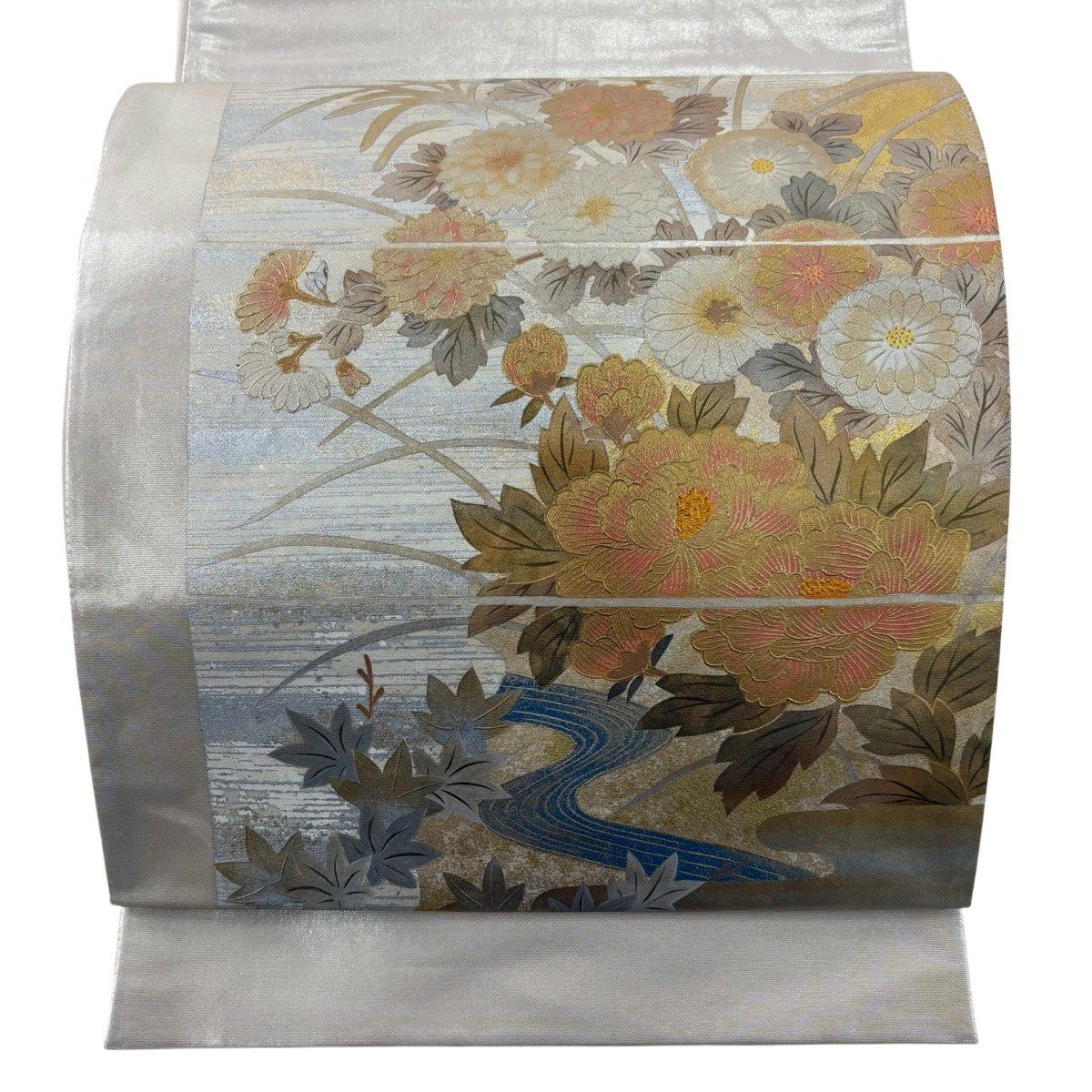【美品】 袋帶 秀品級 菊花 牡丹 金銀彩 金色 大鼓圖案 純蠶絲