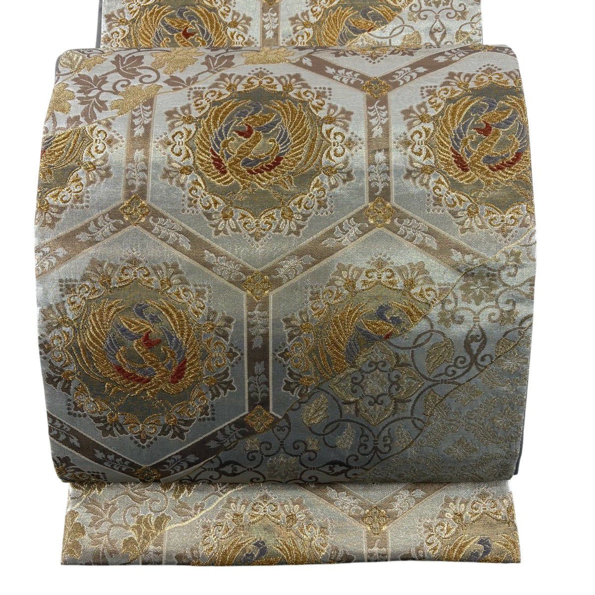 【美品】 袋帶 秀品級 鳥 龜甲 金絲 金金箔 金色 六通 純蠶絲