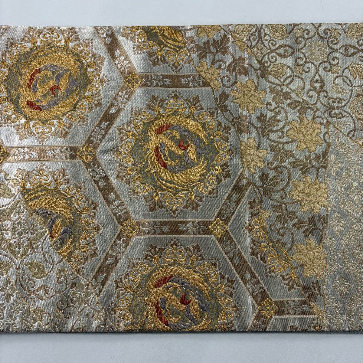 【美品】 袋帶 秀品級 鳥 龜甲 金絲 金金箔 金色 六通 純蠶絲