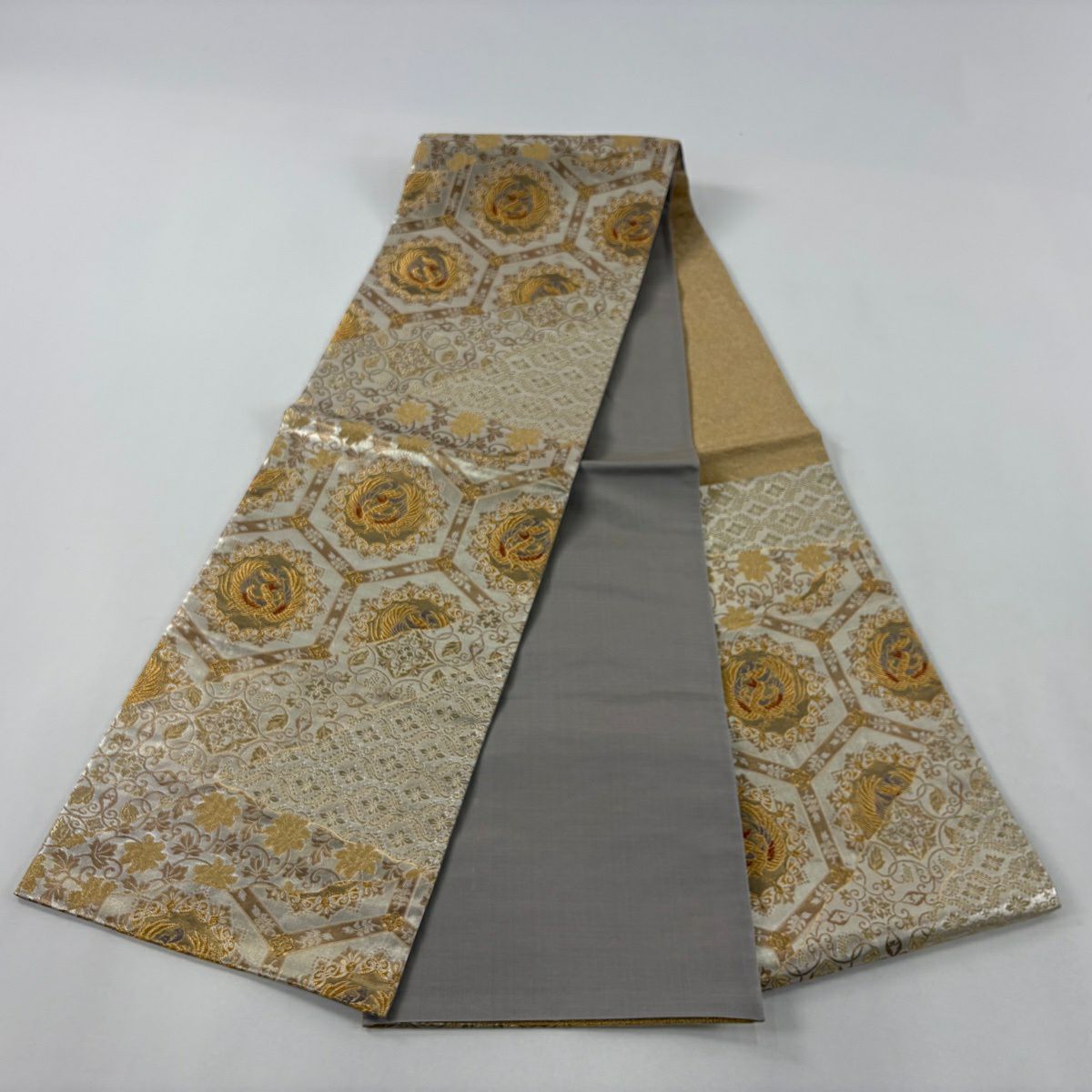 【美品】 袋帶 秀品級 鳥 龜甲 金絲 金金箔 金色 六通 純蠶絲
