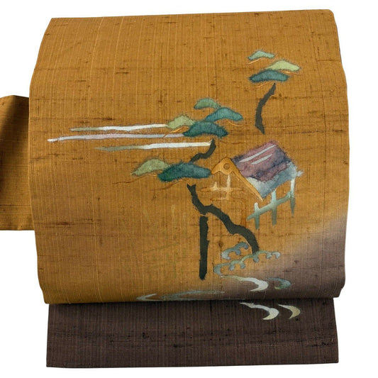 【美品】 名古屋帶 秀品級 松樹 霞 金銀彩 山吹茶 純蠶絲