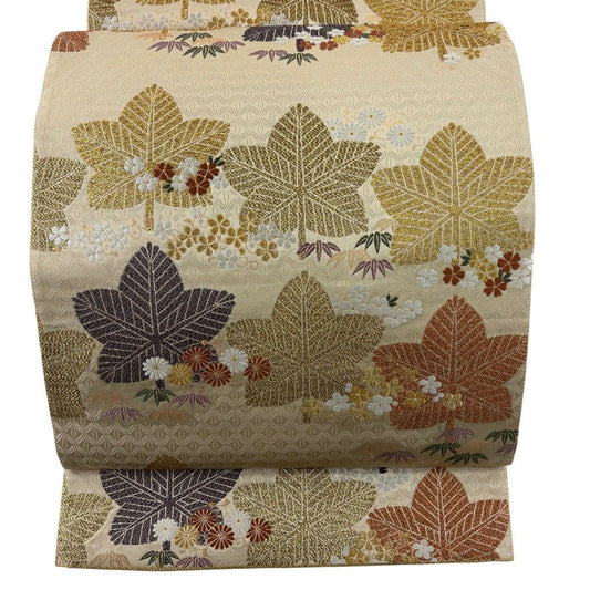 袋帶 秀品級 松樹竹子梅花 櫻花 金絲 金金箔 米色 六通 純蠶絲