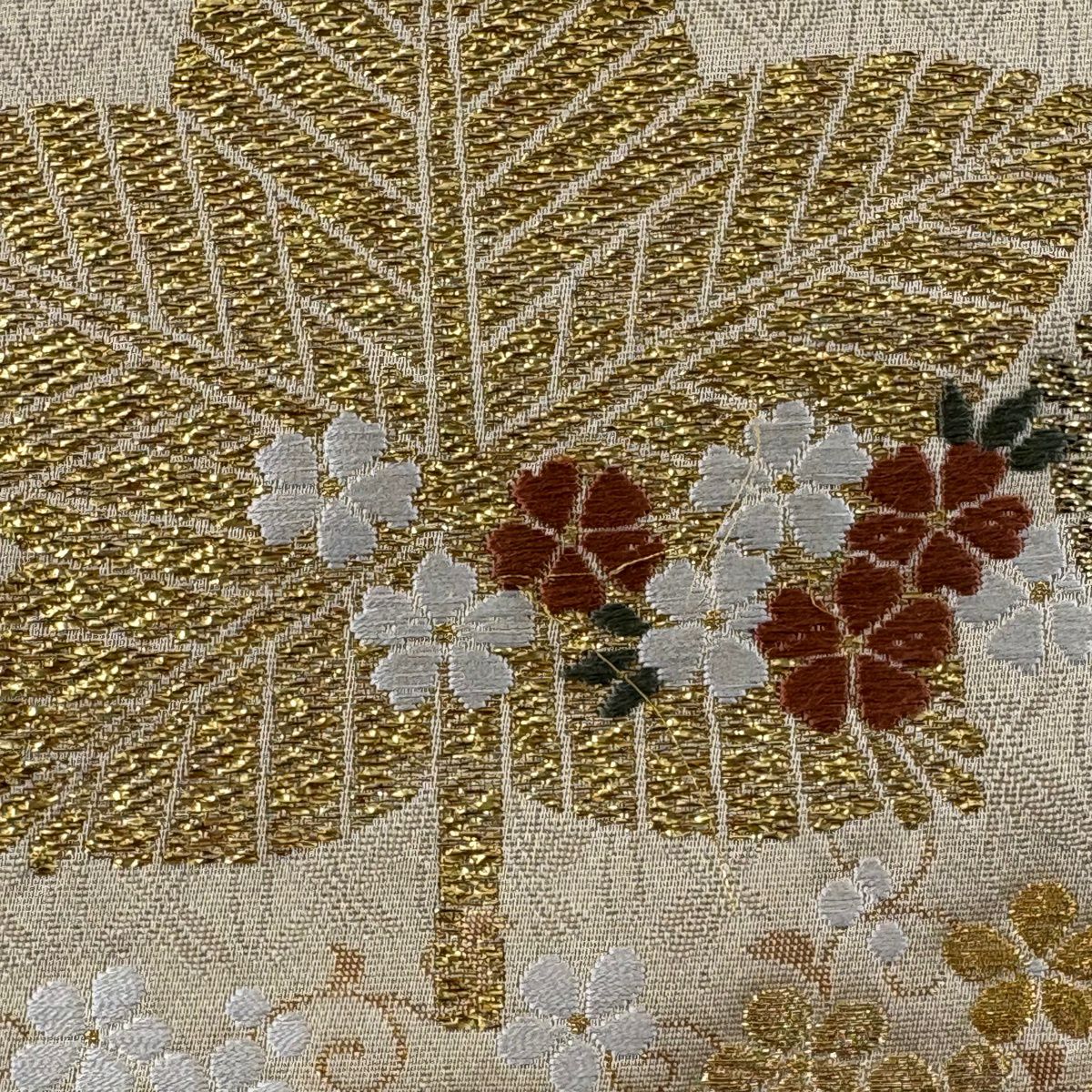 袋帶 秀品級 松樹竹子梅花 櫻花 金絲 金金箔 米色 六通 純蠶絲