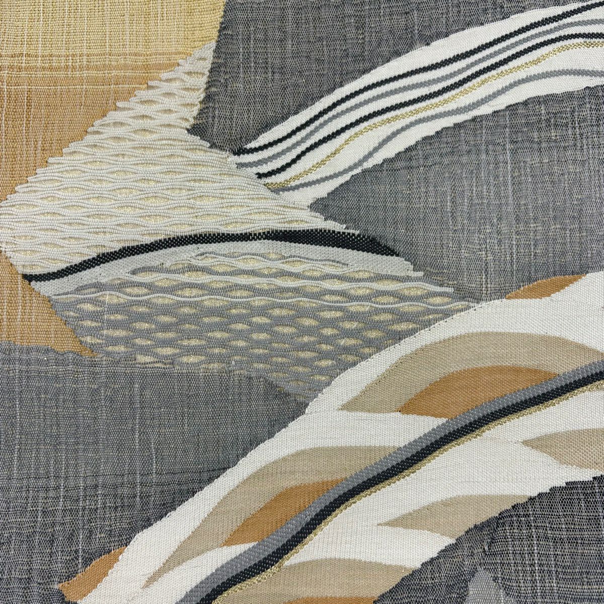 【美品】 袋帶 優品級 波 幾何圖案 金絲 奶油色 大鼓圖案 純蠶絲