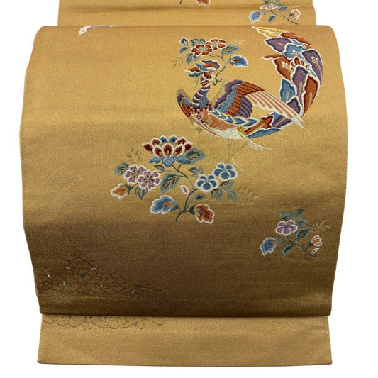 袋帶 秀品級 花喰鳥 草花紋紋 金絲 刺繡 黃土 深藍 正蠶絲