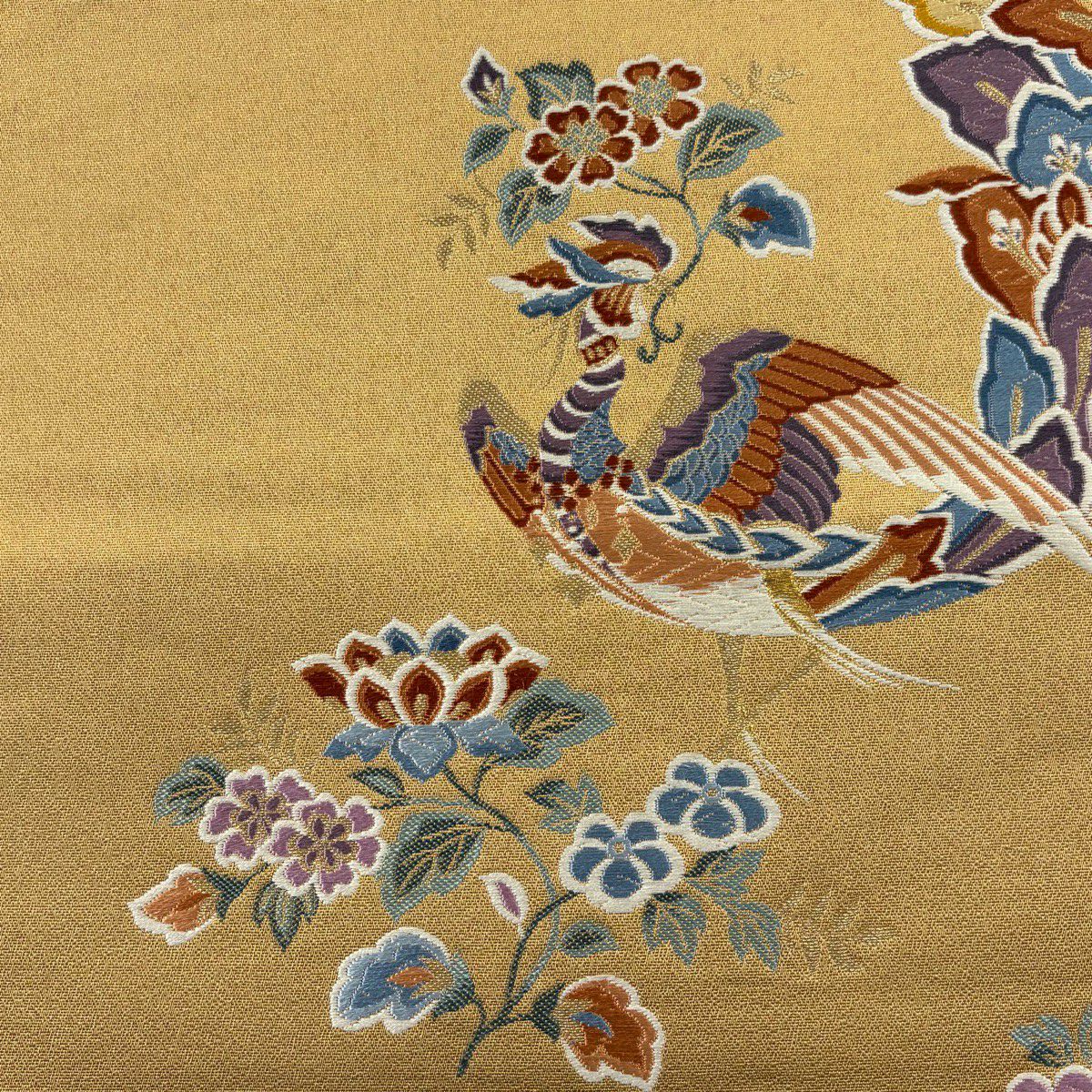 袋帶 秀品級 花喰鳥 草花紋紋 金絲 刺繡 黃土 深藍 正蠶絲