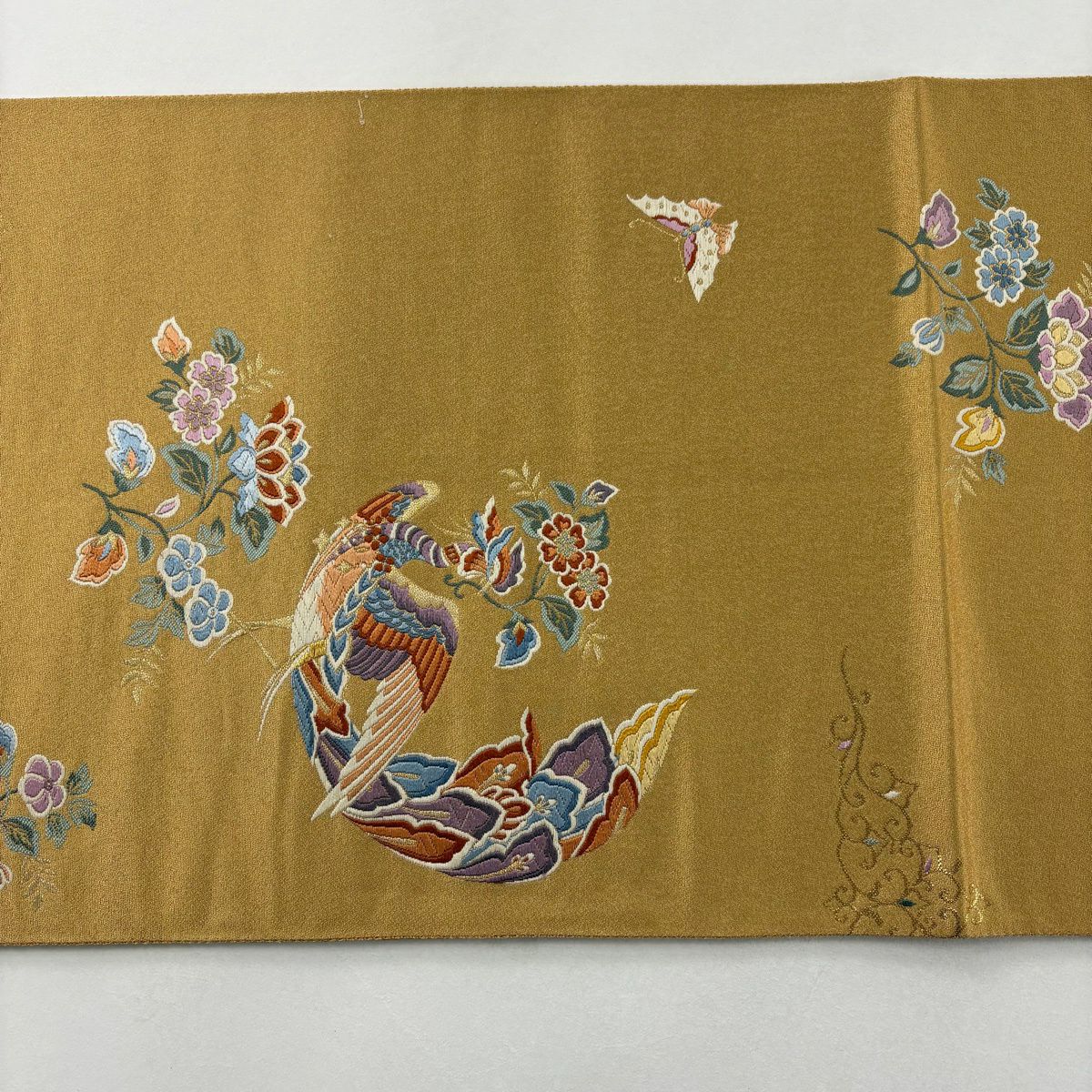 袋帶 秀品級 花喰鳥 草花紋紋 金絲 刺繡 黃土 深藍 正蠶絲