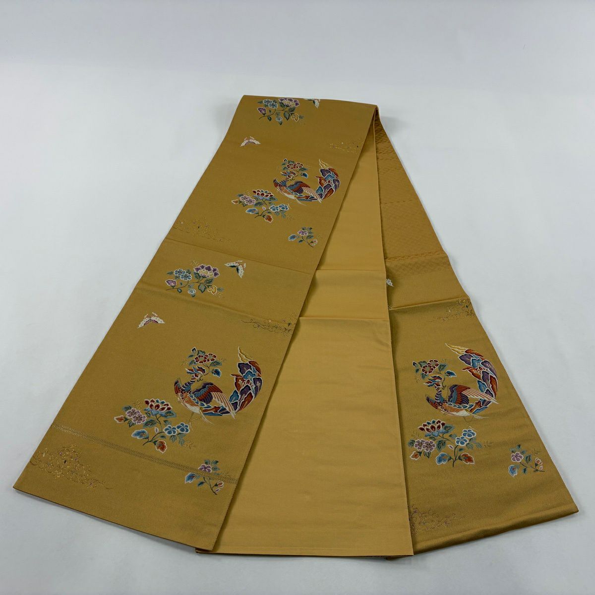 袋帶 秀品級 花喰鳥 草花紋紋 金絲 刺繡 黃土 深藍 正蠶絲