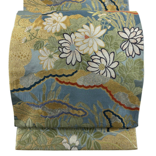 袋帶 秀品級 關西仕立 扇子面讃歌文 草花紋紋 雲文 刺繡 金銀彩 水色 六通 純蠶絲