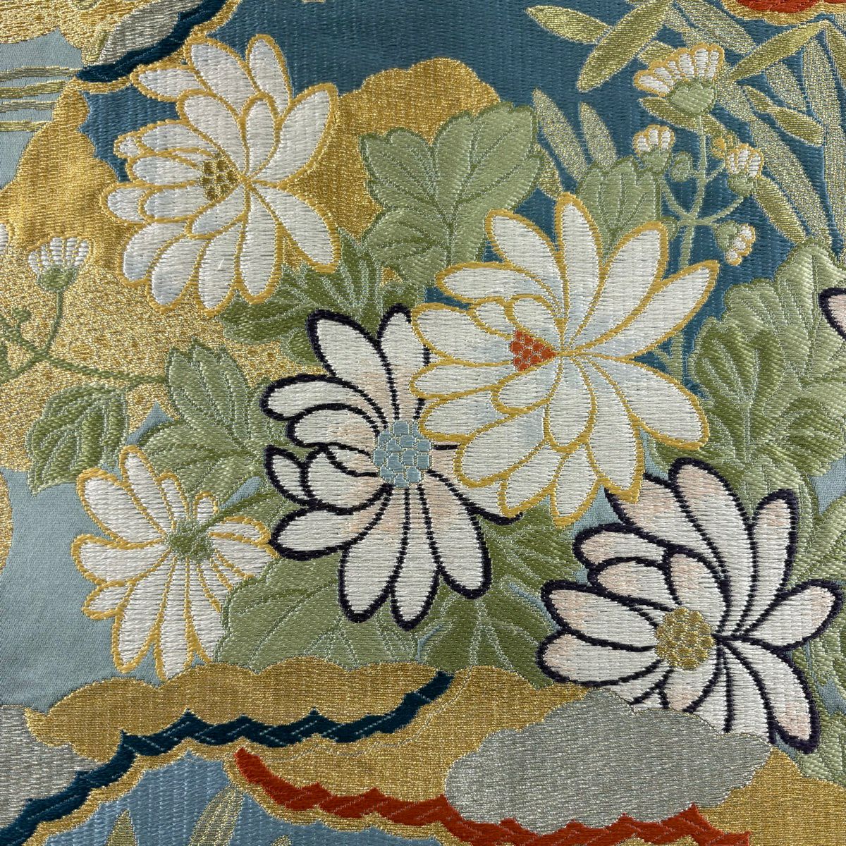 袋帶 秀品級 關西仕立 扇子面讃歌文 草花紋紋 雲文 刺繡 金銀彩 水色 六通 純蠶絲