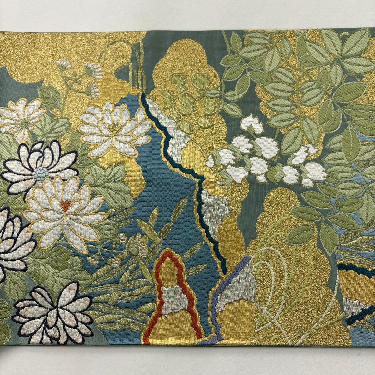袋帶 秀品級 關西仕立 扇子面讃歌文 草花紋紋 雲文 刺繡 金銀彩 水色 六通 純蠶絲