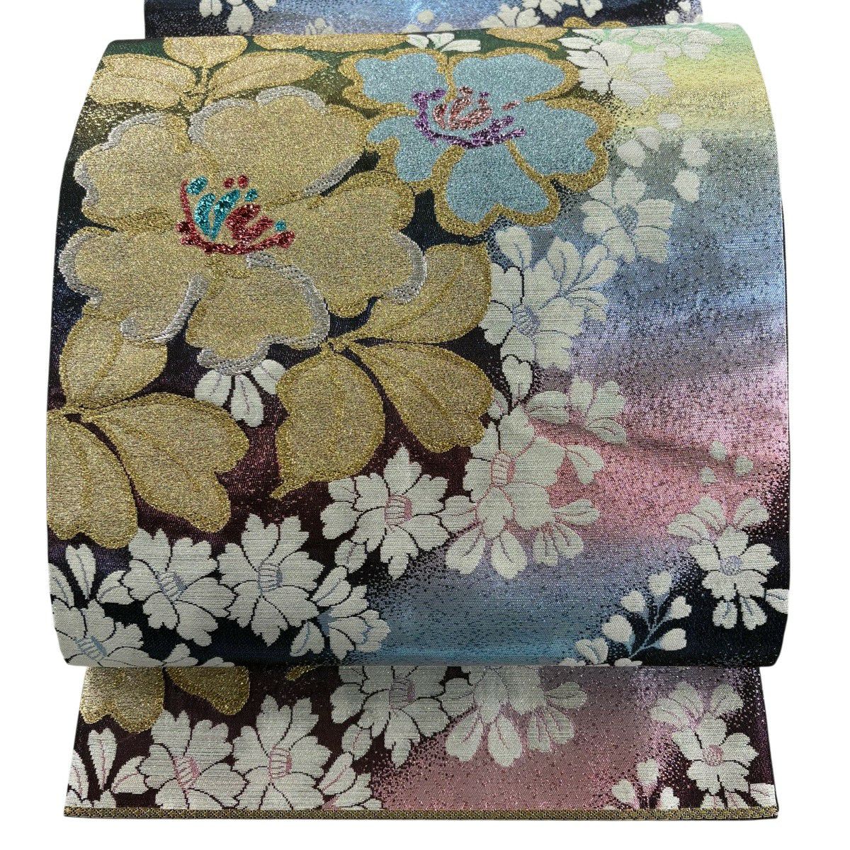 【美品】 袋帶 秀品級 草花紋紋 椿 金銀彩 金金箔 綠 六通 純蠶絲
