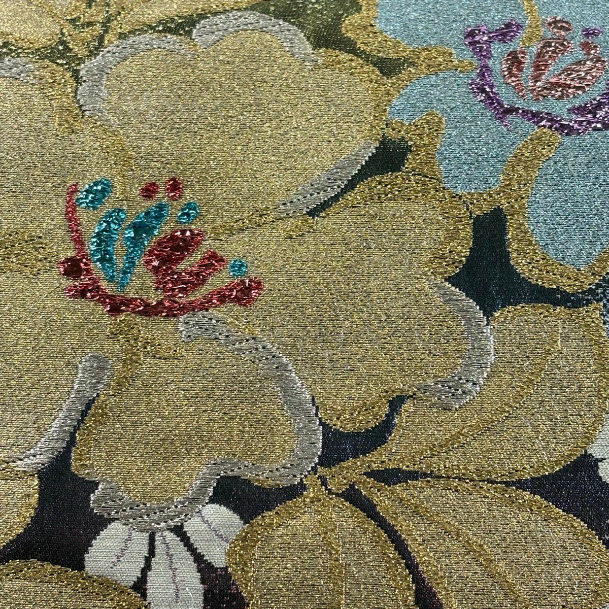 【美品】 袋帶 秀品級 草花紋紋 椿 金銀彩 金金箔 綠 六通 純蠶絲