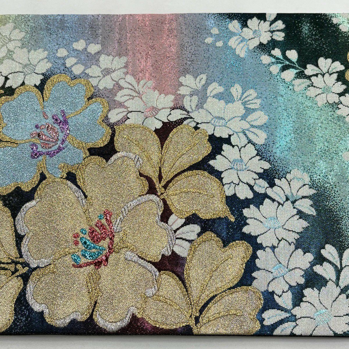 【美品】 袋帶 秀品級 草花紋紋 椿 金銀彩 金金箔 綠 六通 純蠶絲
