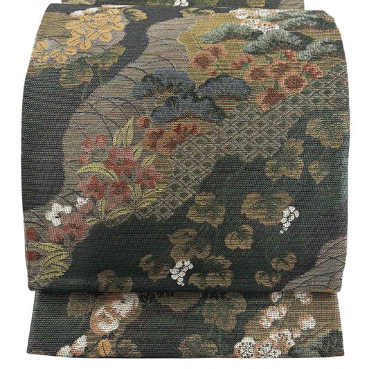 袋帶 秀品級 松樹梅花 草花紋 金銀彩 深綠 六通 純蠶絲
