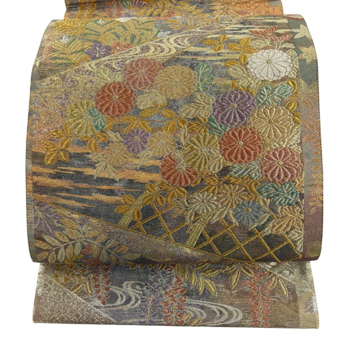 【美品】 袋帶 秀品級 菊花 松樹梅花 金銀線 金金箔 金色 六通 純蠶絲