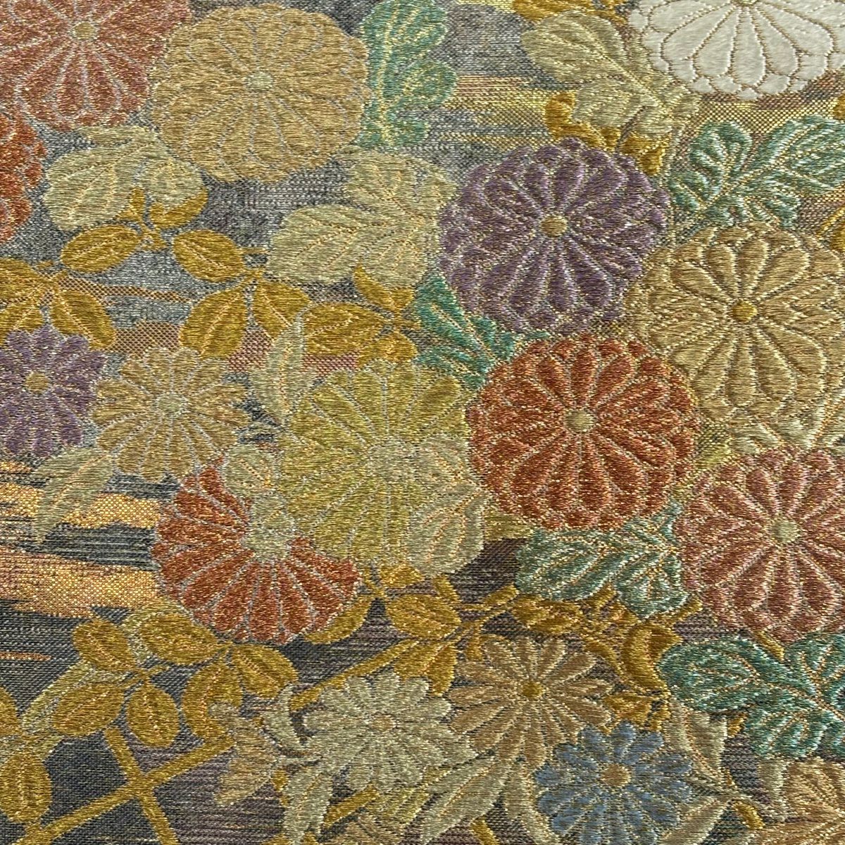 【美品】 袋帶 秀品級 菊花 松樹梅花 金銀線 金金箔 金色 六通 純蠶絲
