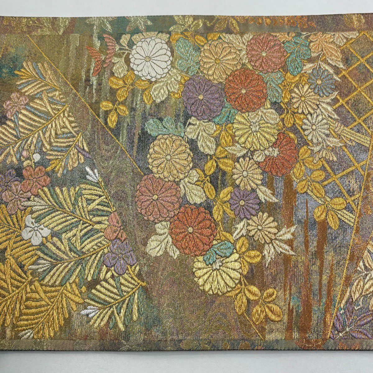 【美品】 袋帶 秀品級 菊花 松樹梅花 金銀線 金金箔 金色 六通 純蠶絲