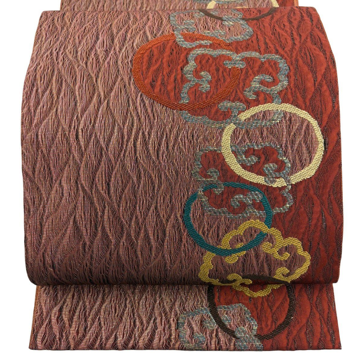 【美品】 袋帶 秀品級 幾何學 金絲 紅茶 六通 純蠶絲