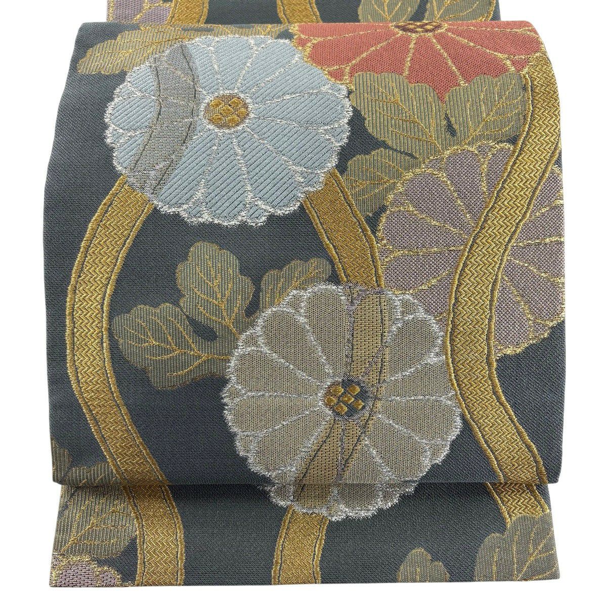 【美品】 袋帶 秀品級 菊花 立涌 金絲 金金箔 灰綠 六通 純蠶絲