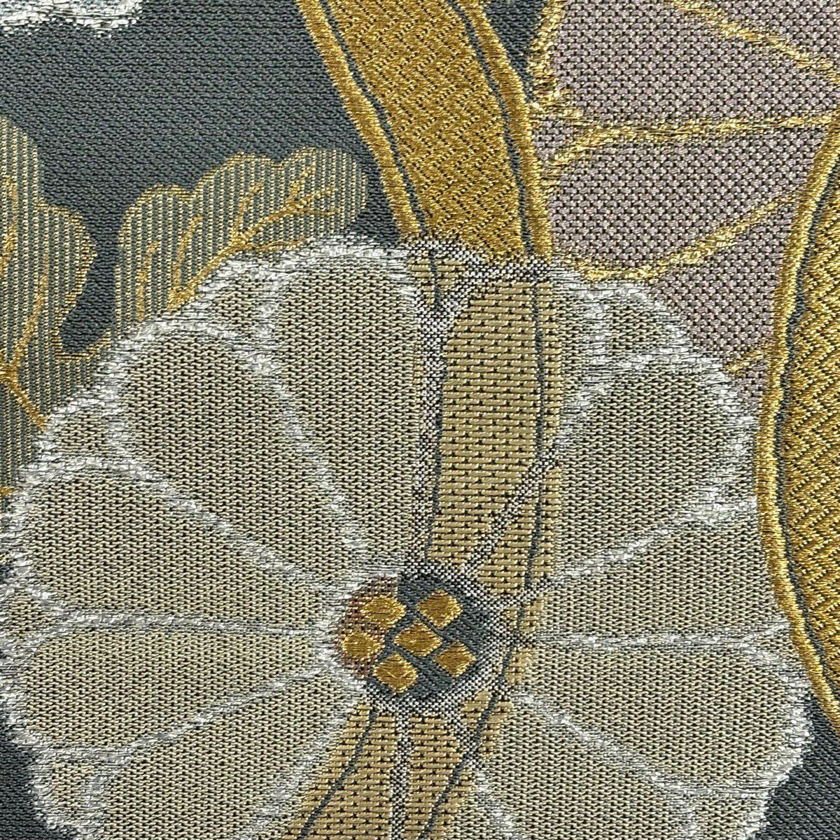 【美品】 袋帶 秀品級 菊花 立涌 金絲 金金箔 灰綠 六通 純蠶絲