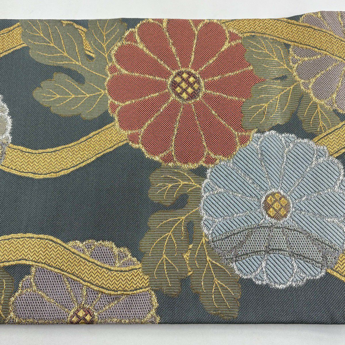 【美品】 袋帶 秀品級 菊花 立涌 金絲 金金箔 灰綠 六通 純蠶絲