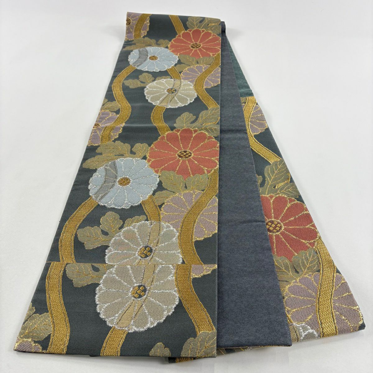 【美品】 袋帶 秀品級 菊花 立涌 金絲 金金箔 灰綠 六通 純蠶絲