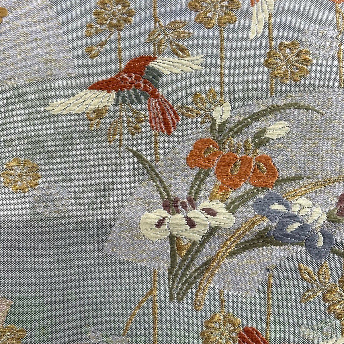 【美品】 袋帶 秀品級 扇子面 花鳥 金糸 金金箔 灰紫 六通 純蠶絲