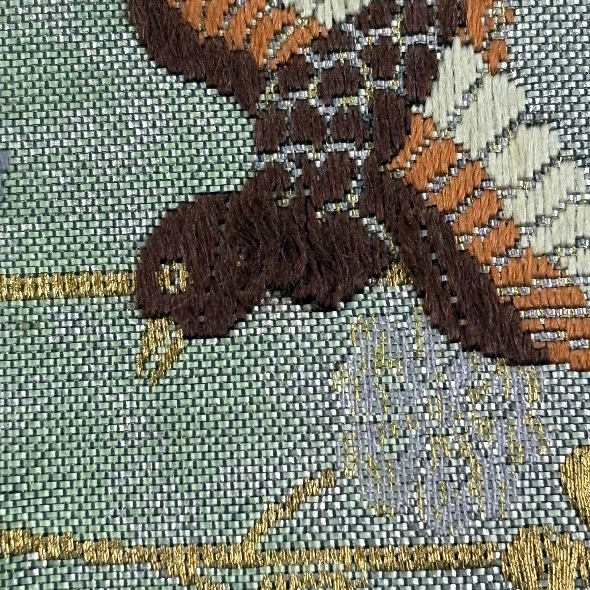 【美品】 袋帶 秀品級 扇子面 花鳥 金糸 金金箔 灰紫 六通 純蠶絲