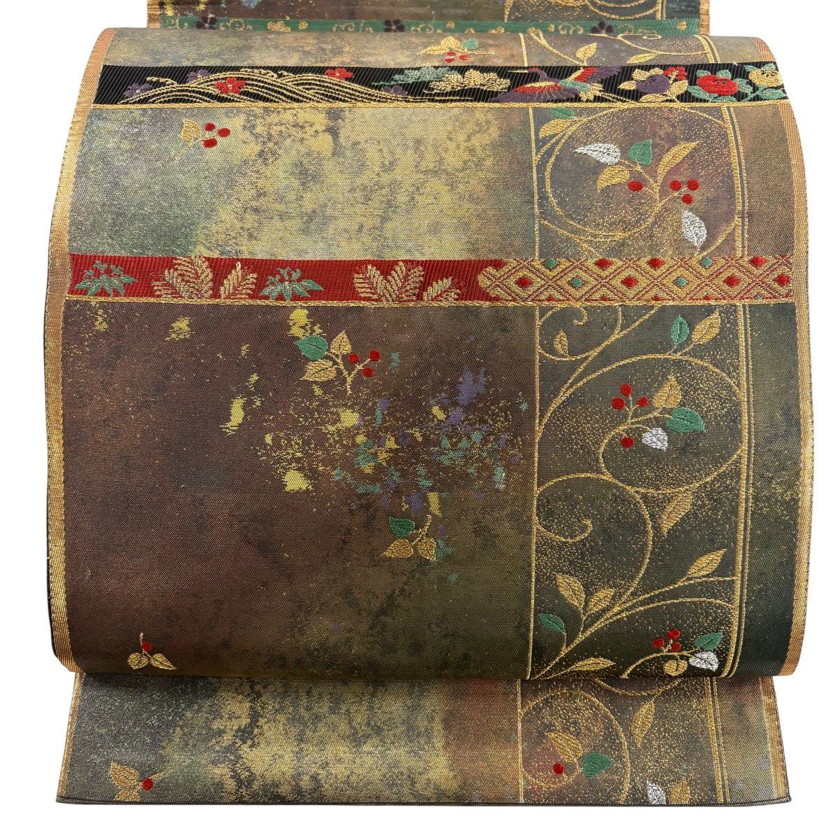 【美品】 袋帶 秀品級 唐草紋 花鳥 金糸 金金箔 深綠 六通 純蠶絲