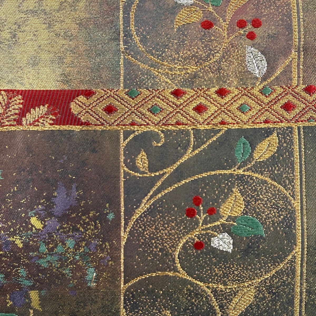 【美品】 袋帶 秀品級 唐草紋 花鳥 金糸 金金箔 深綠 六通 純蠶絲