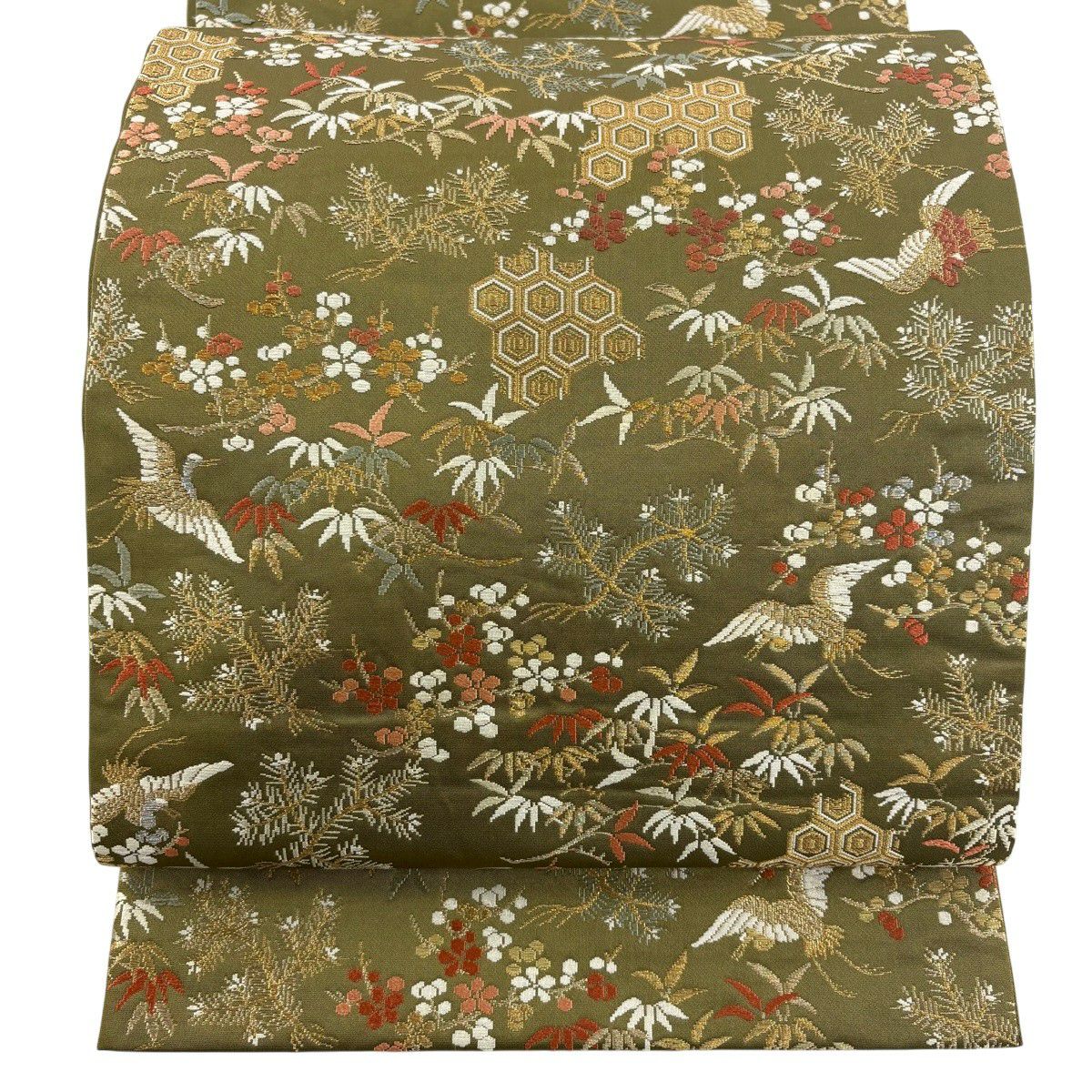 【美品】 袋帶 秀品級 松樹竹子梅花 仙鶴 金銀彩 金金箔 鶯 綠 六通 純蠶絲